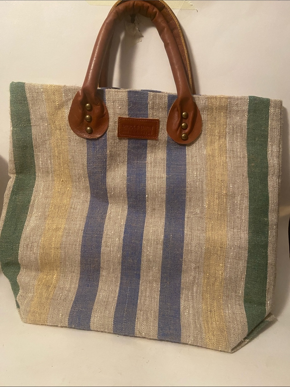 Striped Canvas Tote Bag with Brown Leather Handles - Blue, Green, Yellow